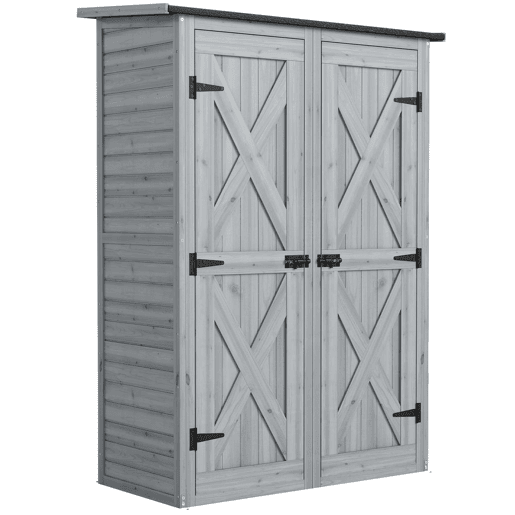 Outsunny Casota de Jardim em Madeira 115x53x156 cm Armário Exterior com Duas Portas, 2 Prateleiras e Telhado Inclinável, Cinzento
