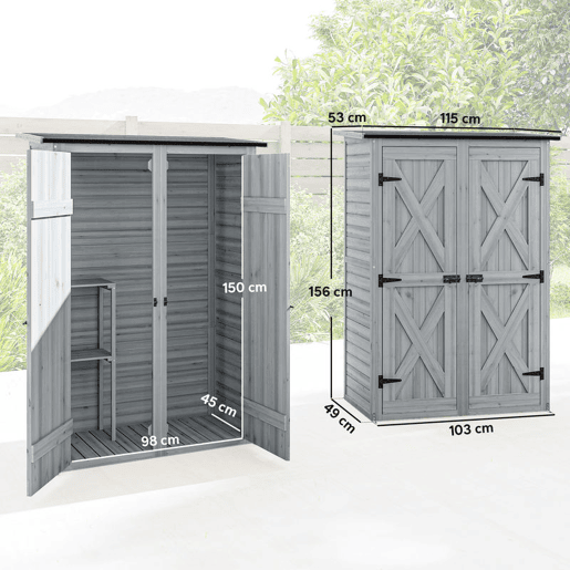 Outsunny Casota de Jardim em Madeira 115x53x156 cm Armário Exterior com Duas Portas, 2 Prateleiras e Telhado Inclinável, Cinzento