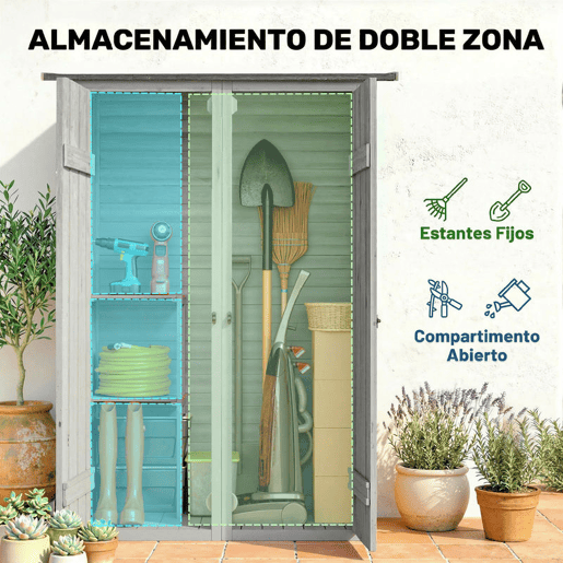 Outsunny Casota de Jardim em Madeira 115x53x156 cm Armário Exterior com Duas Portas, 2 Prateleiras e Telhado Inclinável, Cinzento