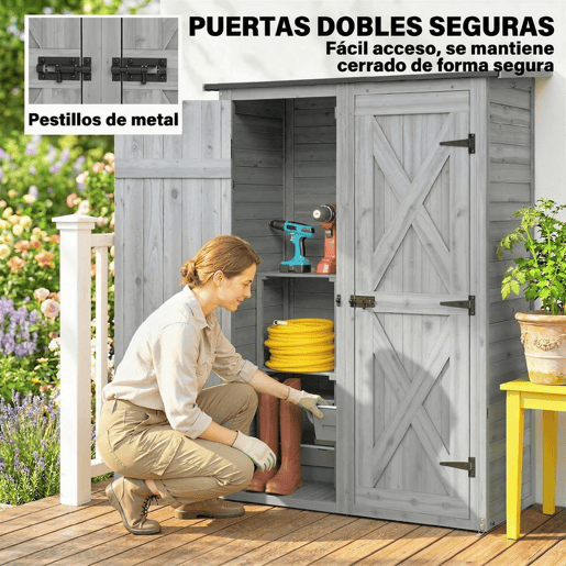 Outsunny Casota de Jardim em Madeira 115x53x156 cm Armário Exterior com Duas Portas, 2 Prateleiras e Telhado Inclinável, Cinzento