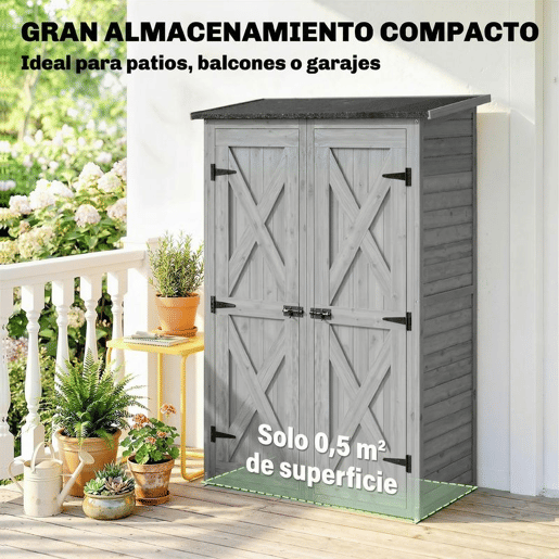 Outsunny Casota de Jardim em Madeira 115x53x156 cm Armário Exterior com Duas Portas, 2 Prateleiras e Telhado Inclinável, Cinzento