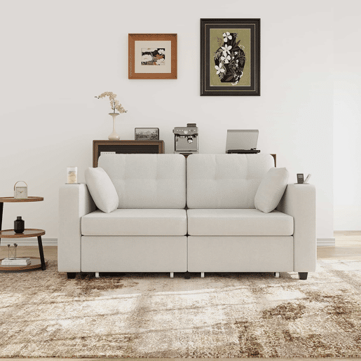 Sofá de 2 lugares - 2 gavetas de arrumação, portas USB, porta-copos e bolsos laterais - Bege