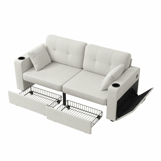 Sofá de 2 lugares - 2 gavetas de arrumação, portas USB, porta-copos e bolsos laterais - Bege