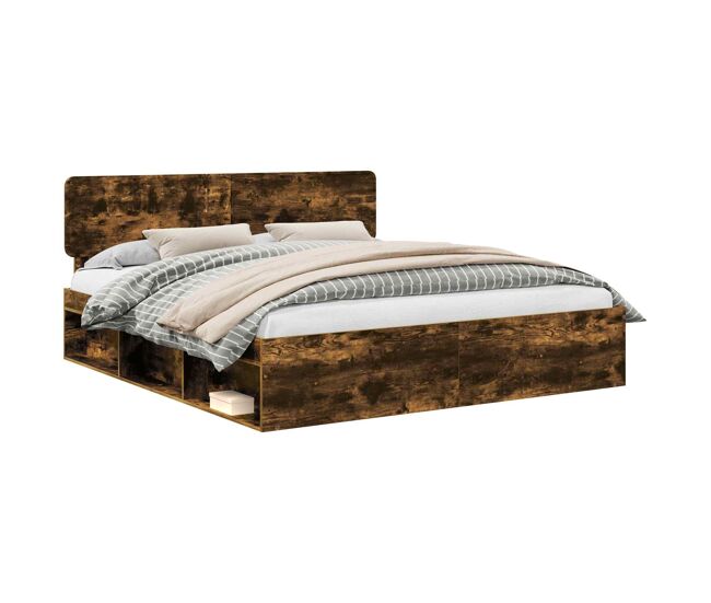 Estructura de cama matrimonial estilo con cabecera roble ahumado 180 x 200 cm