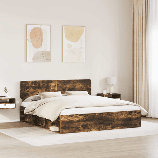 Estrutura de cama de casal com cabeceira - Carvalho Defumado 180 x 200 cm