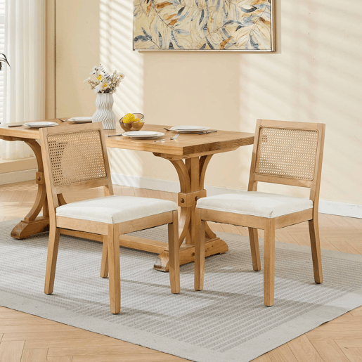 Cadeiras de sala de jantar em rattan, 2 unidades - estilo mid century, assento em cana, estrutura em madeira - bege