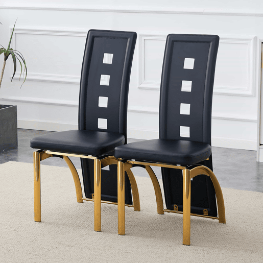 Conjunto de 2 cadeiras de jantar com design europeu - Couro PU preto + pernas metálicas douradas - 102,5 cm - Preto e dourado