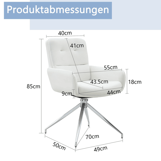 Cadeira giratória 2 unidades - Design luxuoso e leve, giratória em 360°, PU branco + pernas em metal prateado Cadeira giratória 2 unidades - Design luxuoso e leve, giratória em 360°, PU branco + pernas em metal prateado