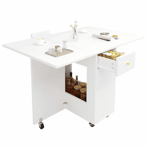 Mesa de jantar dobrável 120x75x75 cm - tampo extensível, 2-4 pessoas, 2 gavetas, espaço aberto, rodízios com travão - Branco