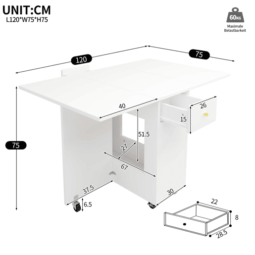 Mesa de jantar dobrável 120x75x75 cm - tampo extensível, 2-4 pessoas, 2 gavetas, espaço aberto, rodízios com travão - Branco