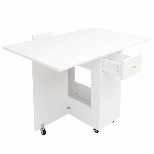 Mesa de jantar dobrável 120x75x75 cm - tampo extensível, 2-4 pessoas, 2 gavetas, espaço aberto, rodízios com travão - Branco