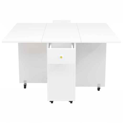 Mesa de jantar dobrável 120x75x75 cm - tampo extensível, 2-4 pessoas, 2 gavetas, espaço aberto, rodízios com travão - Branco