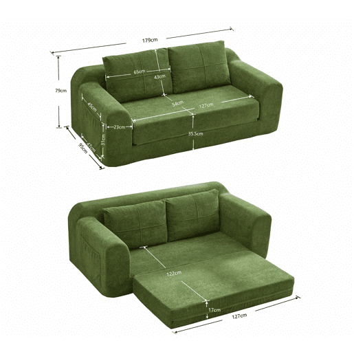 Sofá 2 em 1 179×95×79 cm - Transformável em cama, sem braços, dobrável, sofá de chão, compacto na caixa - Verde Exército