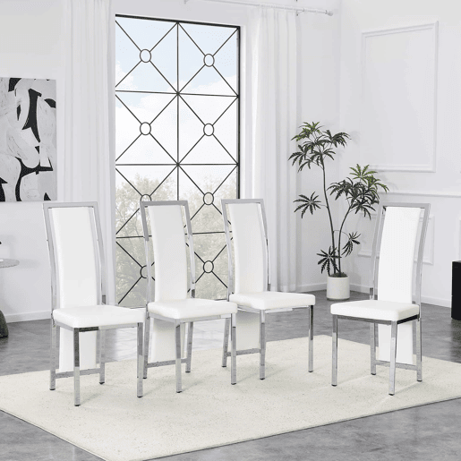 Cadeiras de sala de jantar 4 unidades 109 cm - design minimalista europeu, estofadas em couro sintético PU com estrutura metálica brilhante - branco e prata