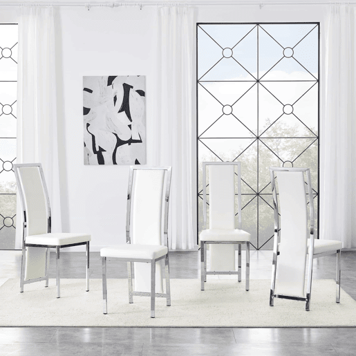 Cadeiras de sala de jantar 4 unidades 109 cm - design minimalista europeu, estofadas em couro sintético PU com estrutura metálica brilhante - branco e prata