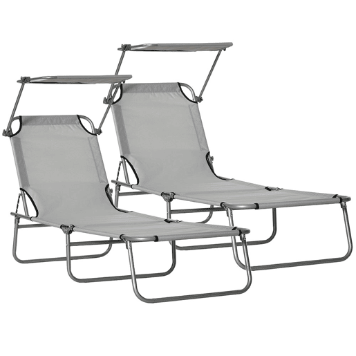 Outsunny Conjunto de 2 Espreguiçadeiras Dobráveis de Jardim Reclináveis com Toldo Desmontável com Ângulo Regulável e Encosto Ajustável em 4 Níveis para Varanda Piscina Pátio 187x58x36 cm Cinzento Claro