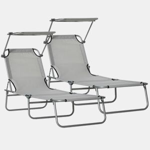 Outsunny Conjunto de 2 Espreguiçadeiras Dobráveis de Jardim Reclináveis com Toldo Desmontável com Ângulo Regulável e Encosto Ajustável em 4 Níveis para Varanda Piscina Pátio 187x58x36 cm Cinzento Claro