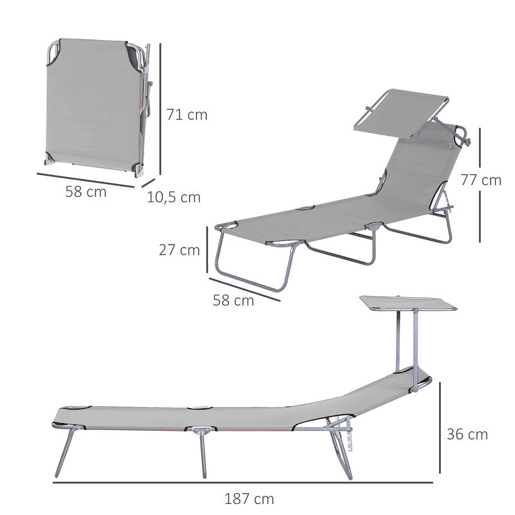 Outsunny Conjunto de 2 Espreguiçadeiras Dobráveis de Jardim Reclináveis com Toldo Desmontável com Ângulo Regulável e Encosto Ajustável em 4 Níveis para Varanda Piscina Pátio 187x58x36 cm Cinzento Claro