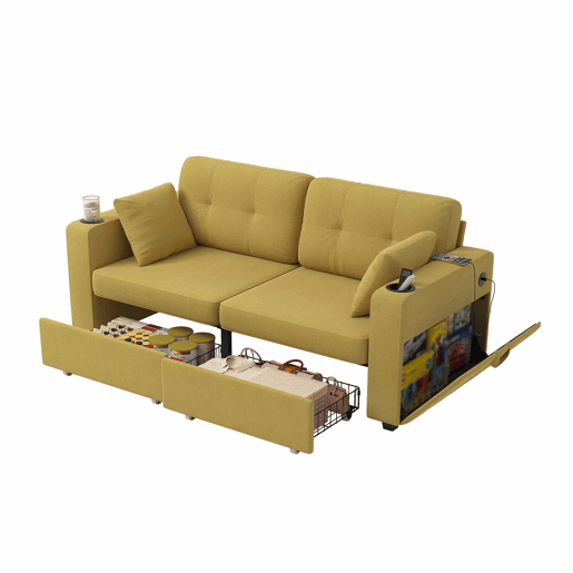 Sofá de 2 lugares - com espaço de arrumação, porta-USB e porta-copos - amarelo mostarda
