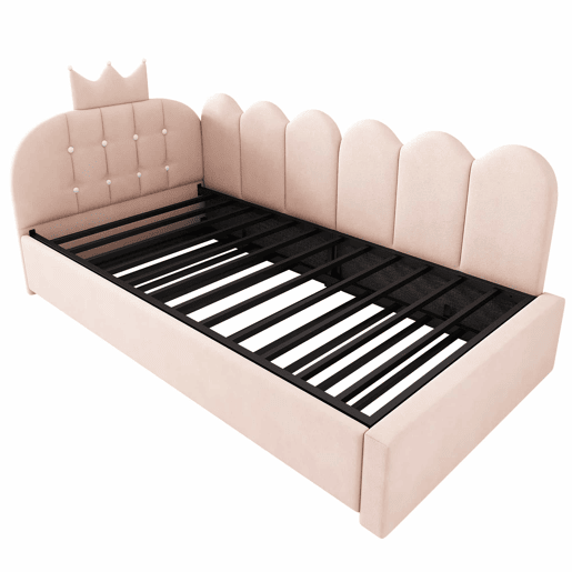 Sofá-cama com cama extraível 90x200 cm  90x190 cm - em forma de L, veludo, design com coroa e grelha, poupa espaço para quartos infantis e de hóspedes, sem colchão - rosa