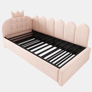 Sofá-cama com cama extraível 90x200 cm 90x190 cm - em forma de L, veludo, design com coroa e grelha, poupa espaço para quartos infantis e de hóspedes, sem colchão - rosa