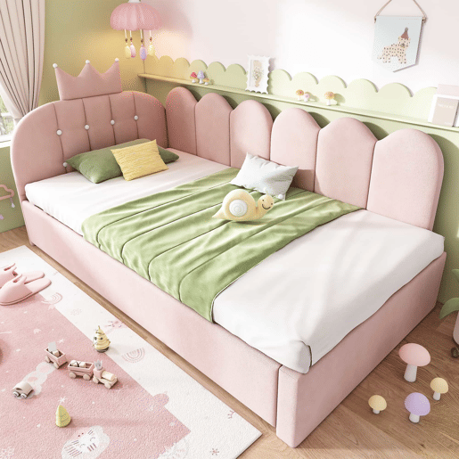 Sofá-cama com cama extraível 90x200 cm  90x190 cm - em forma de L, veludo, design com coroa e grelha, poupa espaço para quartos infantis e de hóspedes, sem colchão - rosa