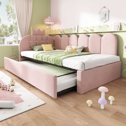 Sofá-cama com cama extraível 90x200 cm  90x190 cm - em forma de L, veludo, design com coroa e grelha, poupa espaço para quartos infantis e de hóspedes, sem colchão - rosa