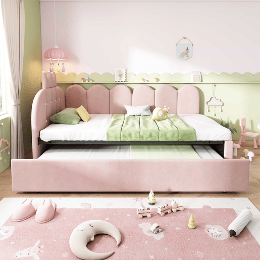 Sofá-cama com cama extraível 90x200 cm  90x190 cm - em forma de L, veludo, design com coroa e grelha, poupa espaço para quartos infantis e de hóspedes, sem colchão - rosa