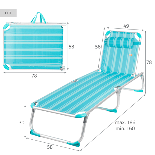 Aktive Espreguiçadeira de praia multiposições 186x49x30 cm turquesa com almofada