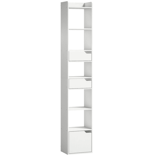 HOMCOM Estante para Livros com 2 Gavetas e Porta Estante Estreita com 6 Prateleiras Abertas Armário Alto para Sala Escritório 32x24x181,5 cm Branco