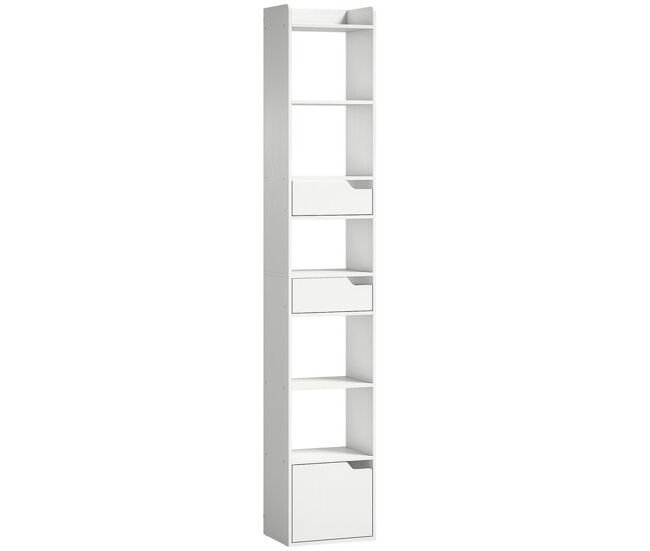 Homcom estantería para libros con 2 cajones y puerta, librería estrecha con 6 estantes abiertos, armario alto para salón, estudio, oficina, 32x24x181,5 cm, blanco