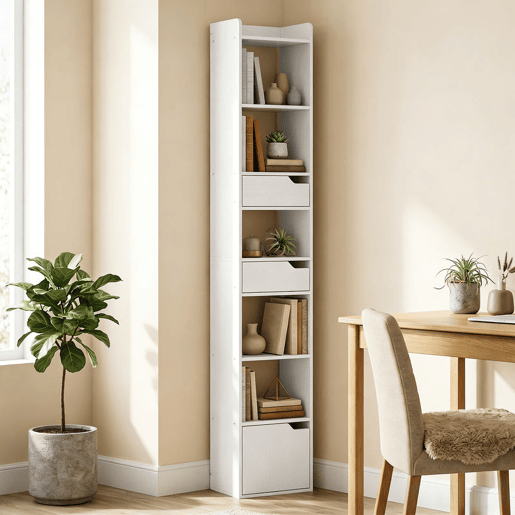 HOMCOM Estante para Livros com 2 Gavetas e Porta Estante Estreita com 6 Prateleiras Abertas Armário Alto para Sala Escritório 32x24x181,5 cm Branco