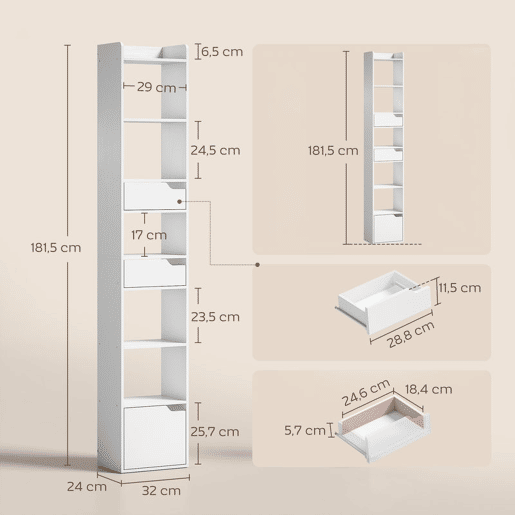 HOMCOM Estante para Livros com 2 Gavetas e Porta Estante Estreita com 6 Prateleiras Abertas Armário Alto para Sala Escritório 32x24x181,5 cm Branco