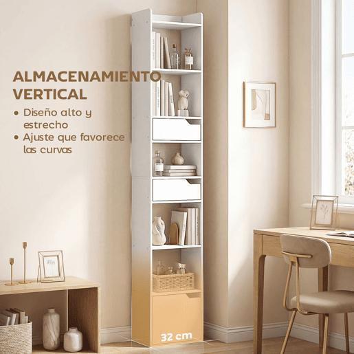 HOMCOM Estante para Livros com 2 Gavetas e Porta Estante Estreita com 6 Prateleiras Abertas Armário Alto para Sala Escritório 32x24x181,5 cm Branco