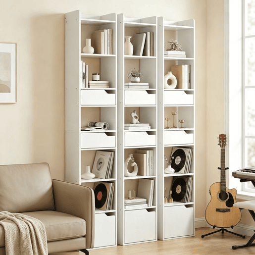 HOMCOM Estante para Livros com 2 Gavetas e Porta Estante Estreita com 6 Prateleiras Abertas Armário Alto para Sala Escritório 32x24x181,5 cm Branco