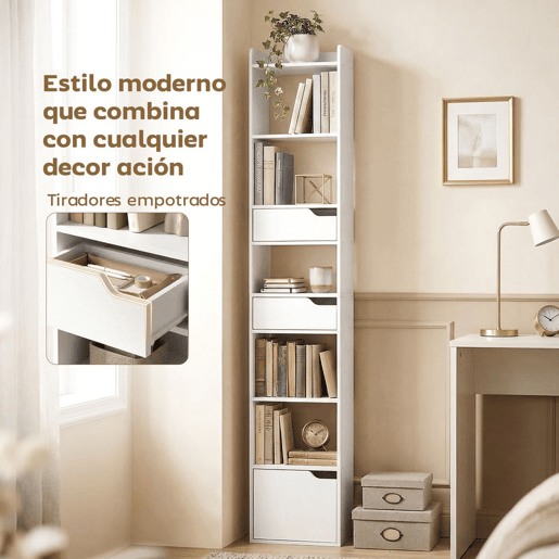 HOMCOM Estante para Livros com 2 Gavetas e Porta Estante Estreita com 6 Prateleiras Abertas Armário Alto para Sala Escritório 32x24x181,5 cm Branco