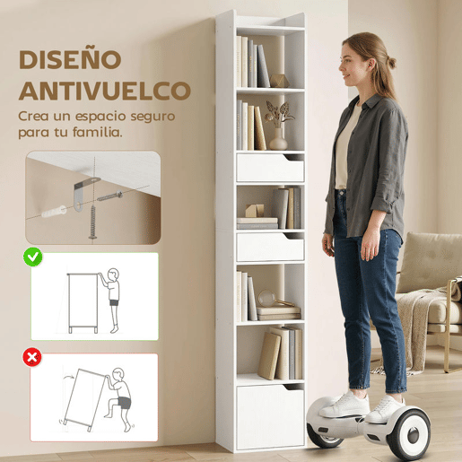 HOMCOM Estante para Livros com 2 Gavetas e Porta Estante Estreita com 6 Prateleiras Abertas Armário Alto para Sala Escritório 32x24x181,5 cm Branco