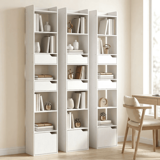 HOMCOM Estante para Livros com 2 Gavetas e Porta Estante Estreita com 6 Prateleiras Abertas Armário Alto para Sala Escritório 32x24x181,5 cm Branco