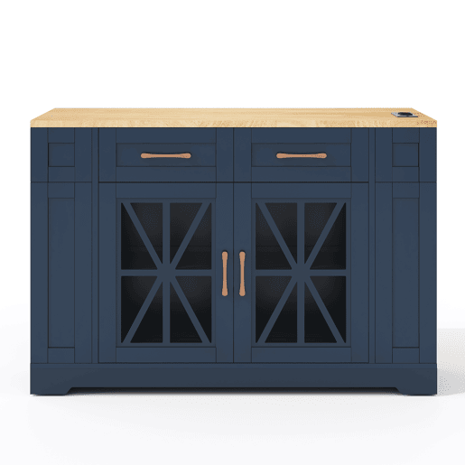Ilha de cozinha 120 cm - mesa rebatível, prateleira aberta, tomada ACUSB, portas de vidro, rodízios - Azul+Natural