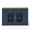 Ilha de cozinha 120 cm - mesa rebatível, prateleira aberta, tomada ACUSB, portas de vidro, rodízios - Azul+Natural