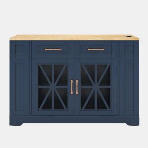 Ilha de cozinha 120 cm - mesa rebatível, prateleira aberta, tomada ACUSB, portas de vidro, rodízios - Azul+Natural