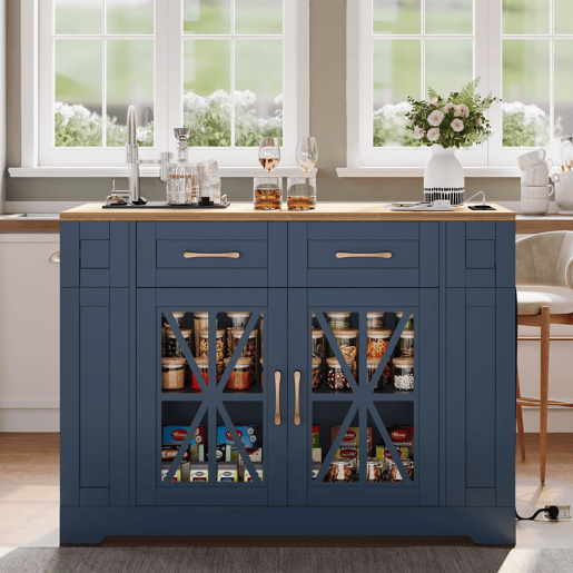 Ilha de cozinha 120 cm - mesa rebatível, prateleira aberta, tomada ACUSB, portas de vidro, rodízios - Azul+Natural