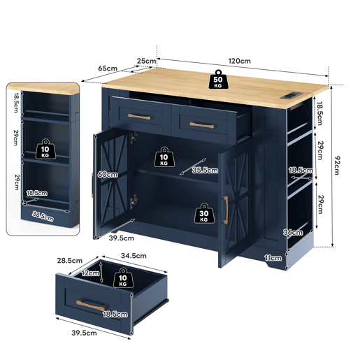 Ilha de cozinha 120 cm - mesa rebatível, prateleira aberta, tomada ACUSB, portas de vidro, rodízios - Azul+Natural