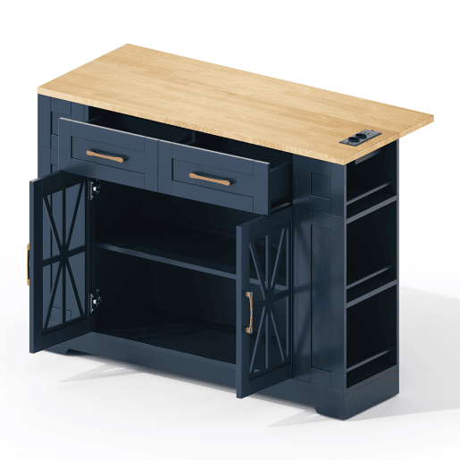 Ilha de cozinha 120 cm - mesa rebatível, prateleira aberta, tomada ACUSB, portas de vidro, rodízios - Azul+Natural