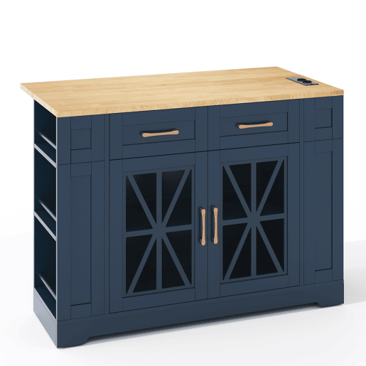 Ilha de cozinha 120 cm - mesa rebatível, prateleira aberta, tomada ACUSB, portas de vidro, rodízios - Azul+Natural