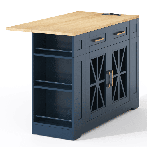 Ilha de cozinha 120 cm - mesa rebatível, prateleira aberta, tomada ACUSB, portas de vidro, rodízios - Azul+Natural