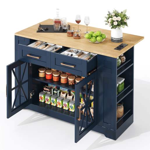 Ilha de cozinha 120 cm - mesa rebatível, prateleira aberta, tomada ACUSB, portas de vidro, rodízios - Azul+Natural