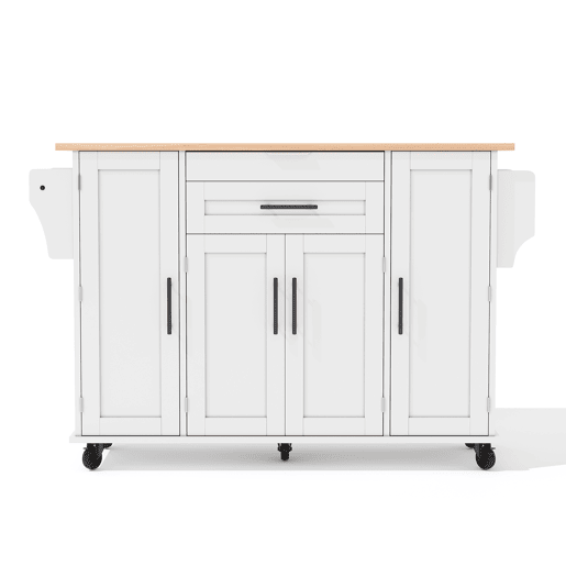 Ilha de cozinha móvel 120x45 cm - Superfície extensível, gaveta para utensílios, prateleiras ajustáveis - Branco + Natural