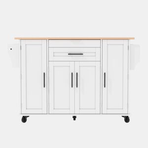 Ilha de cozinha móvel 120x45 cm - Superfície extensível, gaveta para utensílios, prateleiras ajustáveis - Branco + Natural