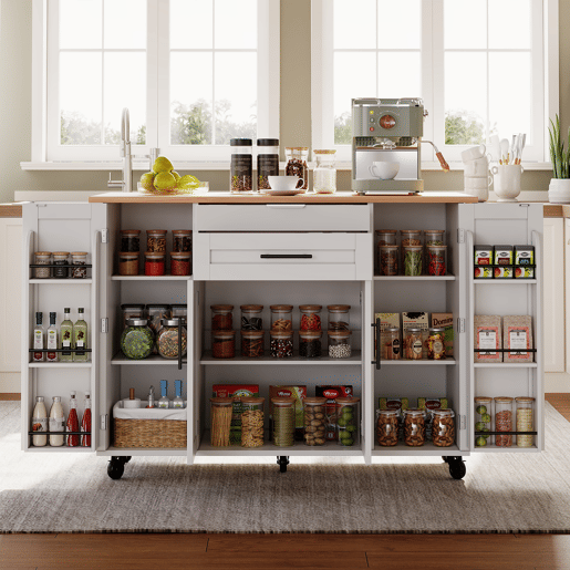 Ilha de cozinha móvel 120x45 cm - Superfície extensível, gaveta para utensílios, prateleiras ajustáveis - Branco + Natural